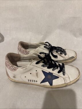 Golden Goose White Leather Sneakers with Blue Star and Pink Glitter Heel